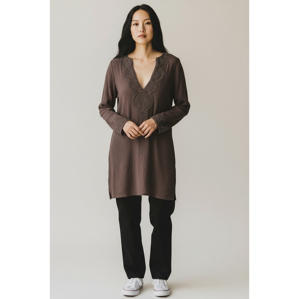 Odabash Embellished Tunic Dress Brown Beach Cover Up Brown Boho Large Cotton‎